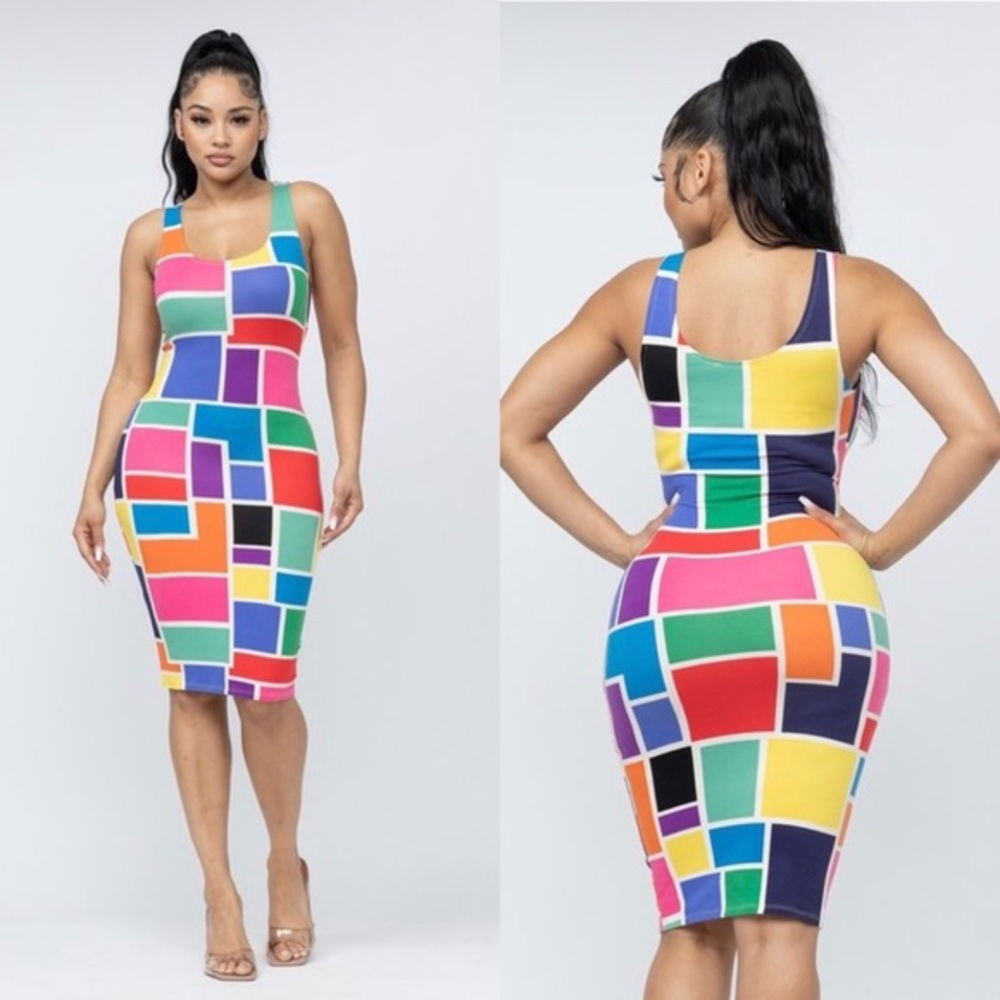 TANK TOP MULTI COLORFUL COLOR BLOCK FITTED BODYCON MIDI DRESS - Picture 2 of 8